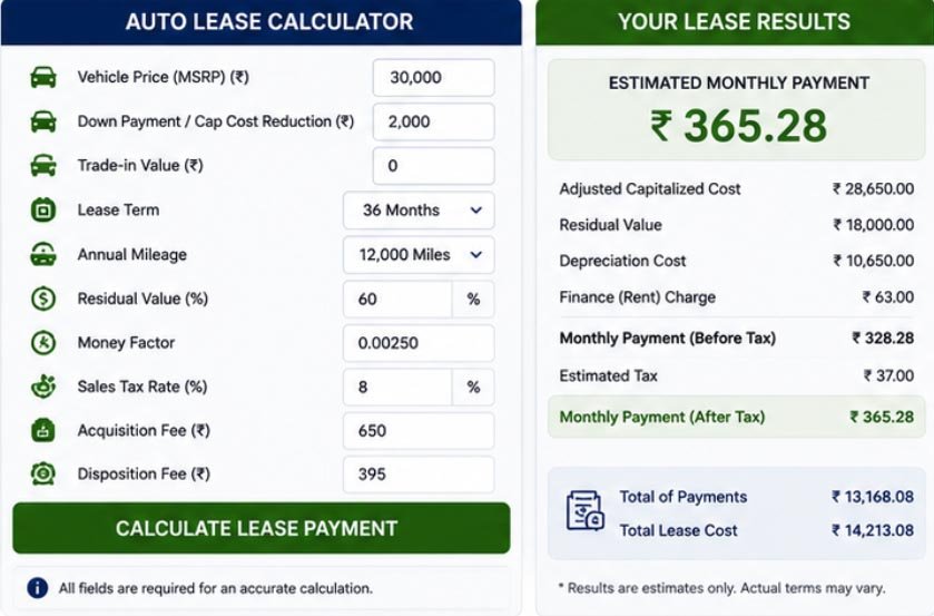 auto lease calculator result showing monthly lease costs