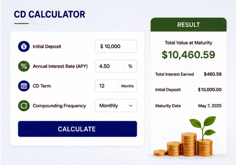 CD calculator result showing certificate of deposit earnings